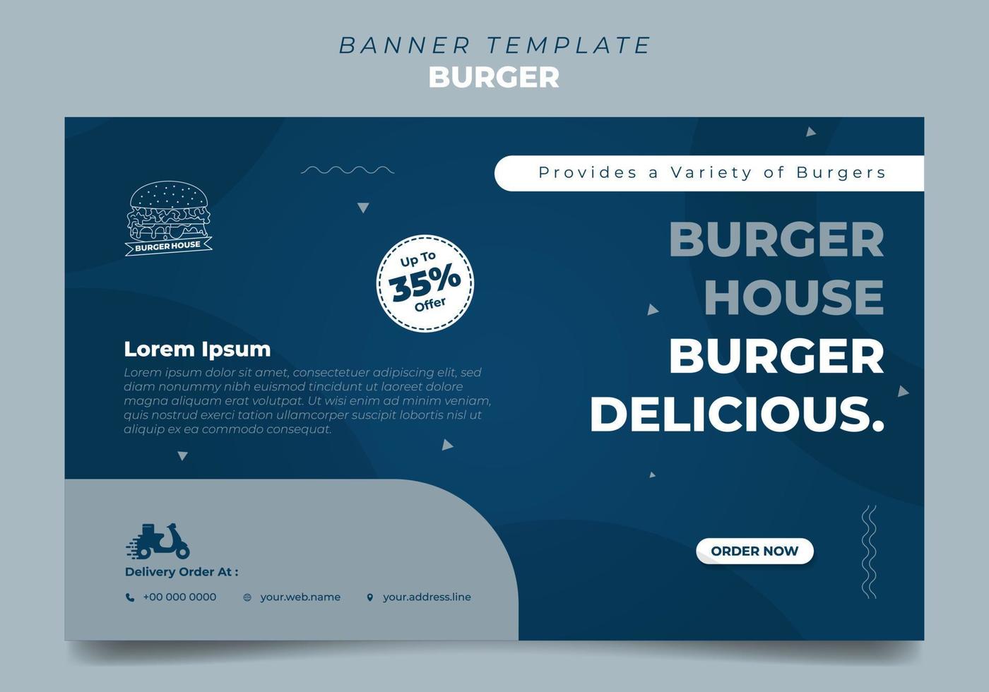 conception de modèle de bannière pour la publicité de hamburger. modèle de bannière bleue avec un design de cercle simple. vecteur