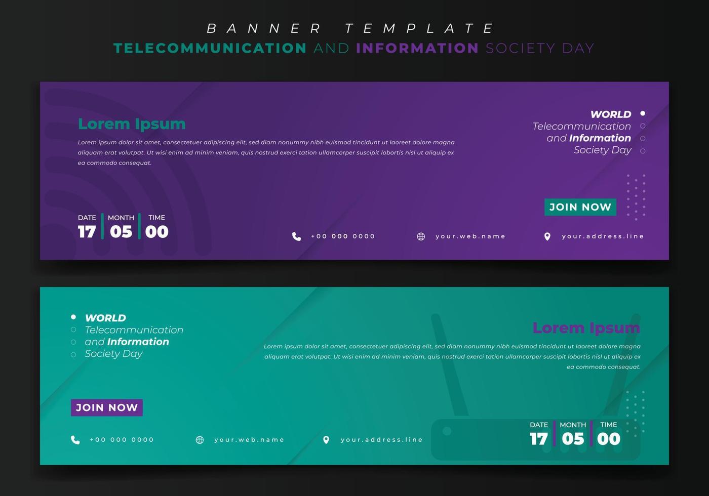 modèle de bannière web pour les télécommunications et la société de l'information sur fond violet et vert vecteur