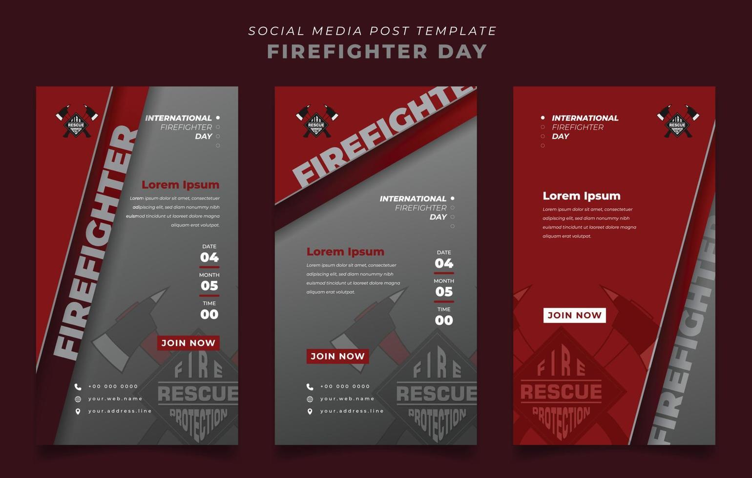 ensemble de modèles de médias sociaux avec un fond rouge et gris dans la conception de portrait pour la journée des pompiers vecteur