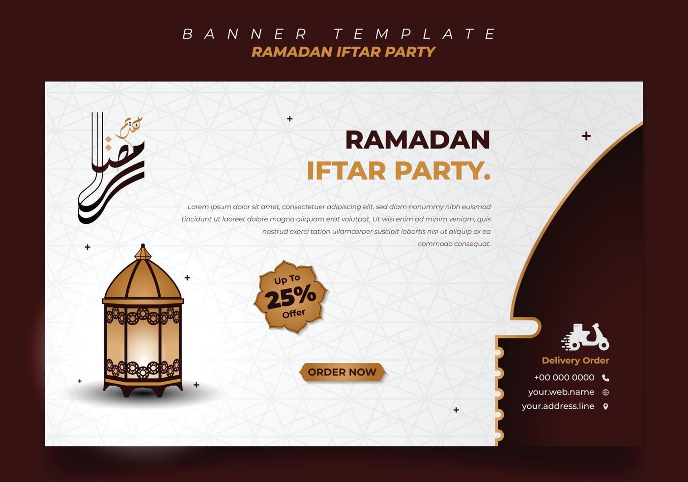 modèle de bannière sur fond blanc, rouge et or avec un design de lanterne. l'iftar signifie le petit-déjeuner et le texte arabe signifie le ramadan. vecteur