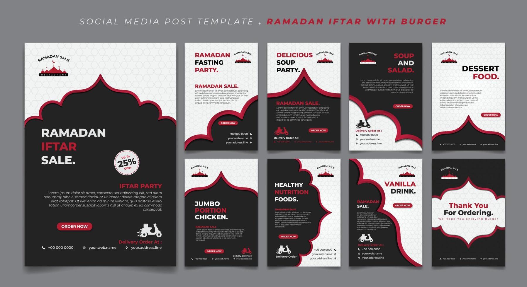 définir le modèle de publication sur les médias sociaux en noir et blanc avec un design d'arrière-plan islamique de ligne rouge. le moyen iftar est le petit-déjeuner et le moyen marhaban est le bienvenu. vecteur