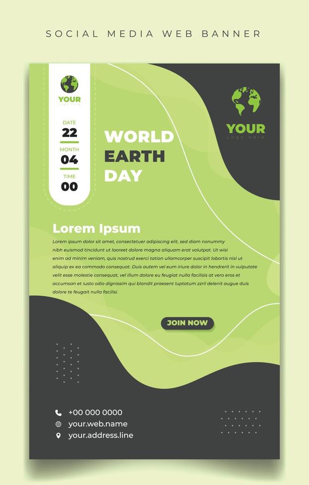 modèle de jour de la terre mondiale avec un design de fond vert. taille portrait pour la conception de modèles de publication sur les réseaux sociaux. vecteur