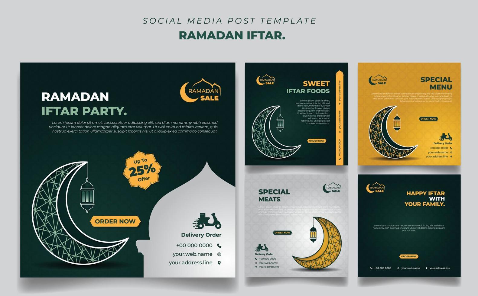 ensemble de modèles de publication de médias sociaux carrés sur fond vert, jaune et blanc avec un design de lune et de lanterne. l'iftar signifie petit-déjeuner. vecteur