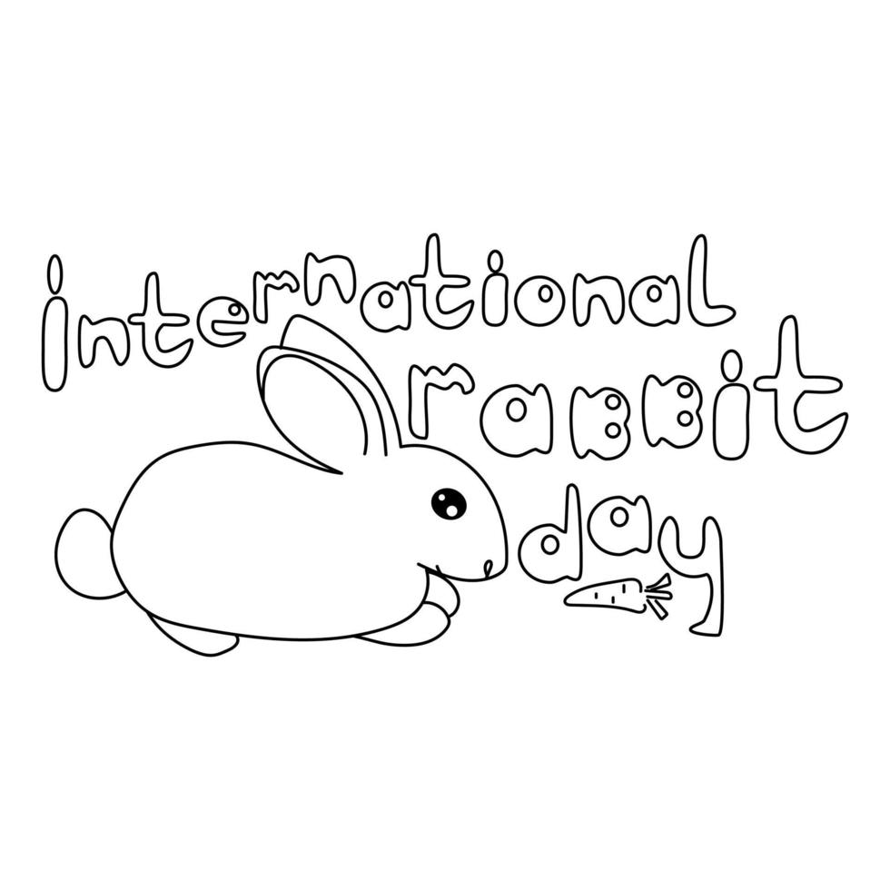 journée internationale du lapin, image de contour d'un petit lapin et d'une carotte, inscription thématique en lettres volumétriques, page de coloriage banny day vecteur