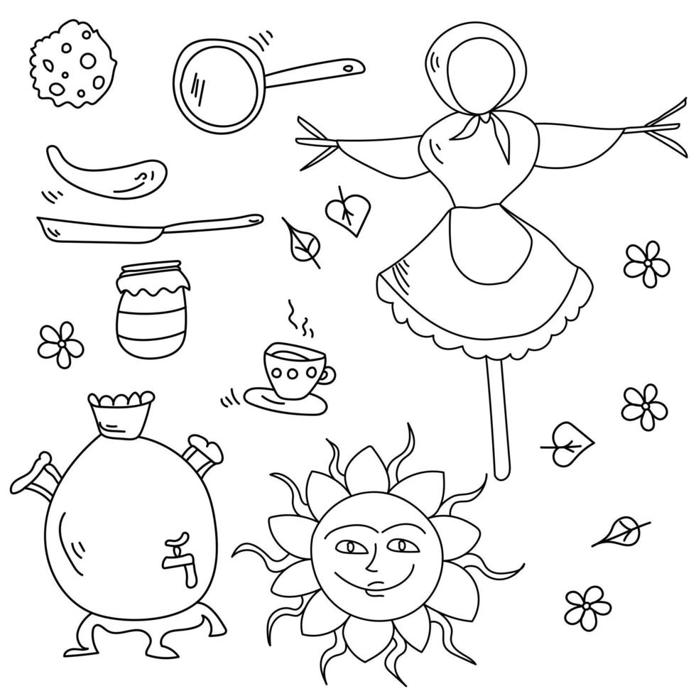ensemble de griffonnages pour les vacances traditionnelles, dessins de contour de la journée des crêpes vecteur