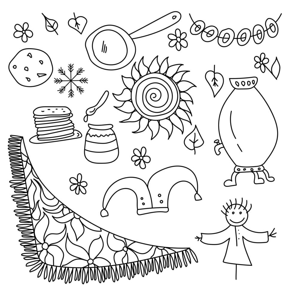 ensemble de griffonnages pour le festival de crêpes maslenitsa, illustrations de contour simples sur un thème festif vecteur