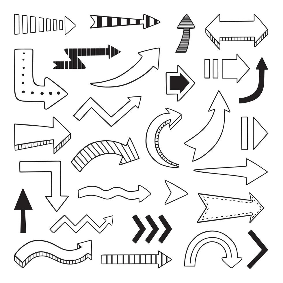ensemble de flèches dessinées à la main doodle. illustration vectorielle isolée sur fond blanc. vecteur