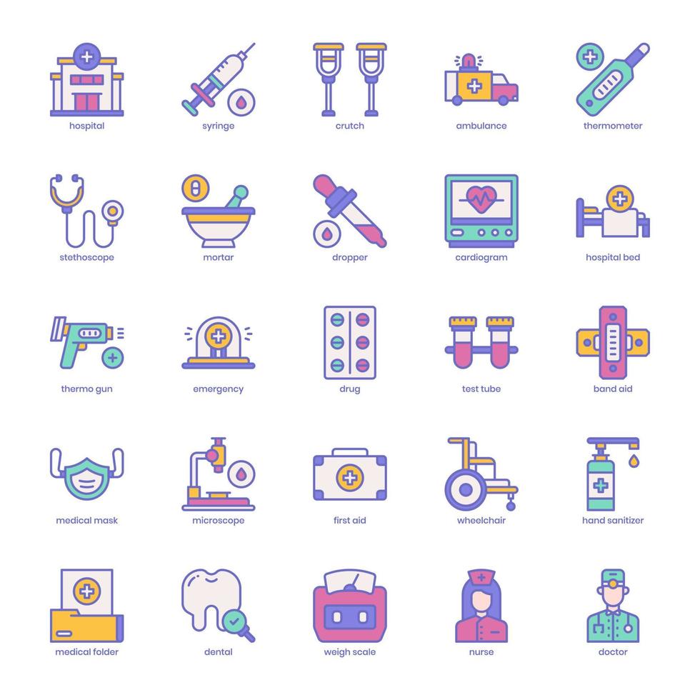 pack d'icônes d'hôpital pour la conception, le logo, l'application, l'interface utilisateur de votre site Web. conception de couleur remplie d'icône d'hôpital. illustration graphique vectorielle et trait modifiable. vecteur