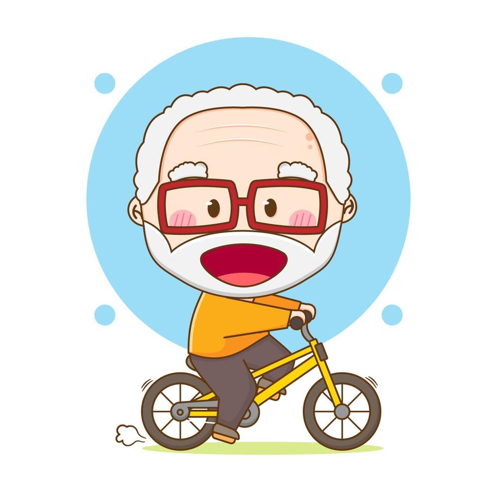 heureux mignon grand père faisant du vélo personnage de dessin animé dessiné à la main chibi vecteur