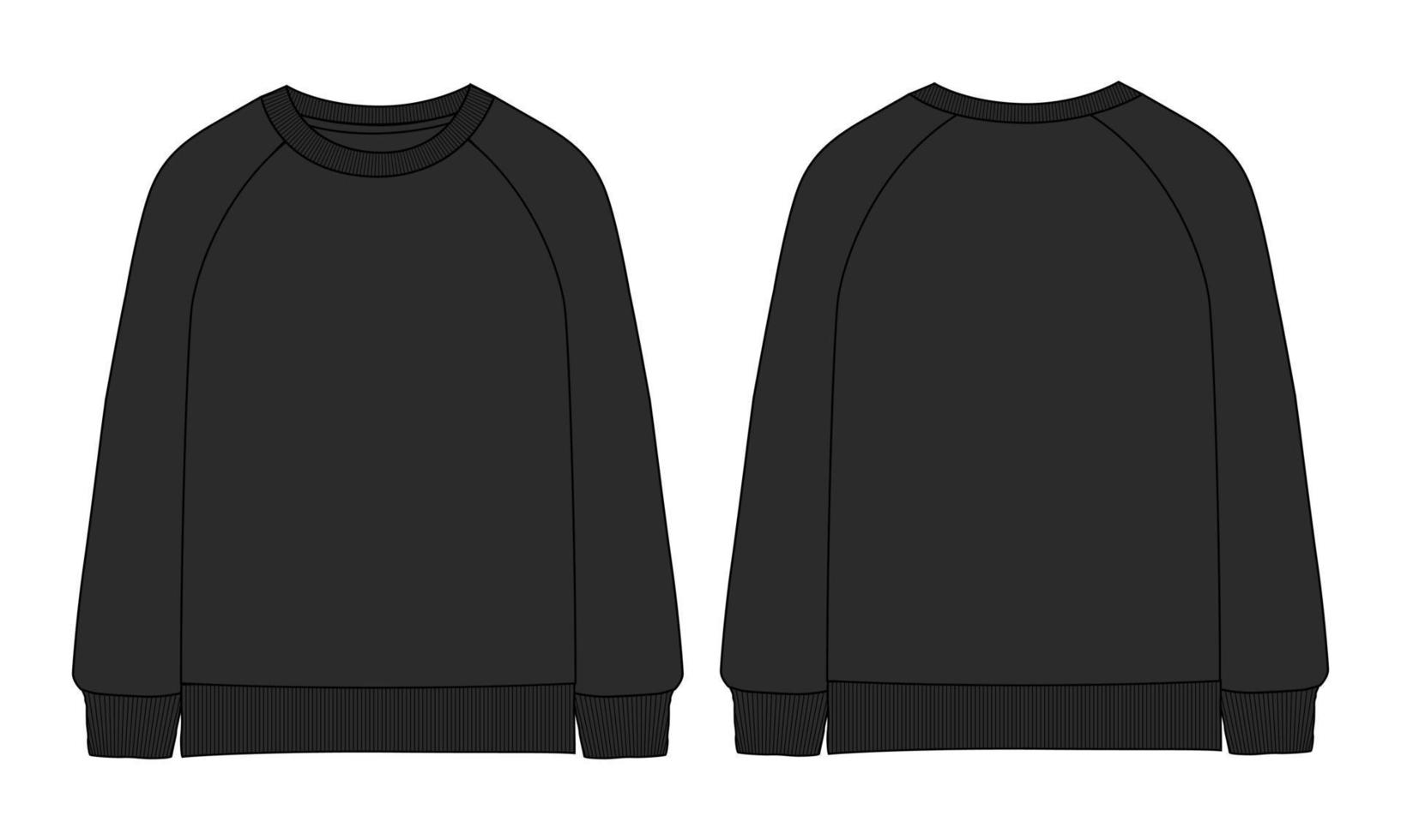 sweat-shirt à manches longues mode technique croquis plat illustration vectorielle modèle de couleur noire vues avant et arrière isolées sur fond blanc. vecteur