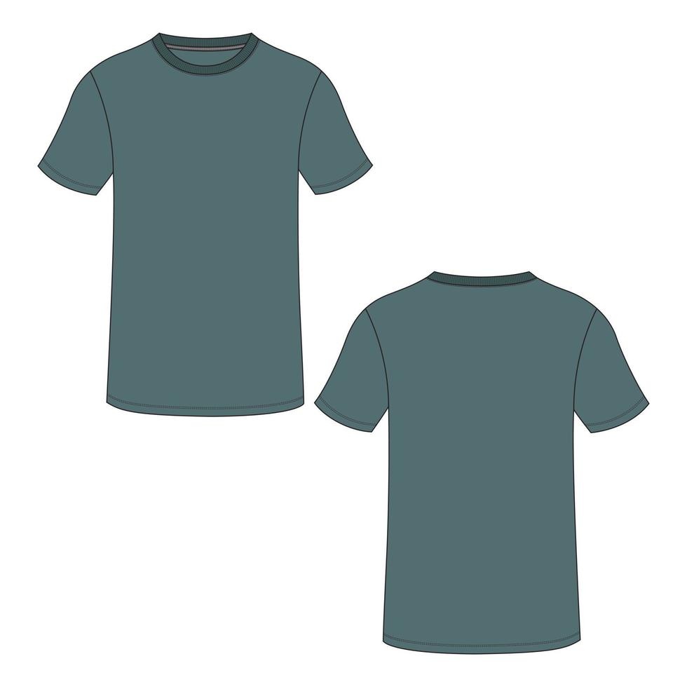 t-shirt à manches courtes coupe classique mode technique croquis plat illustration vectorielle modèle de couleur verte vue avant et arrière. vecteur