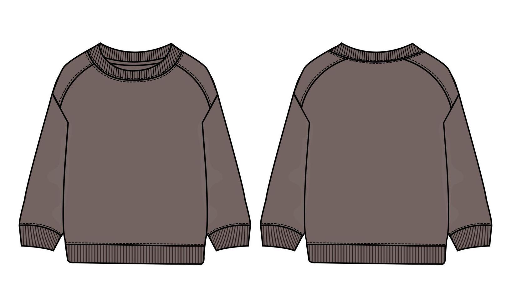 sweat-shirt à manches longues mode technique croquis plat illustration vectorielle modèle de couleur kaki vues avant et arrière isolées sur fond blanc. vecteur