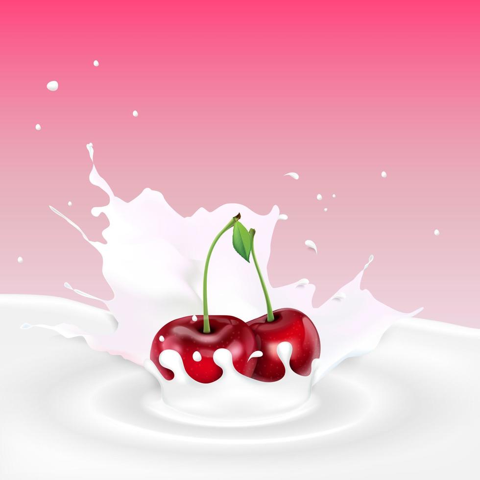 éclaboussure de lait aux cerises rouges vecteur