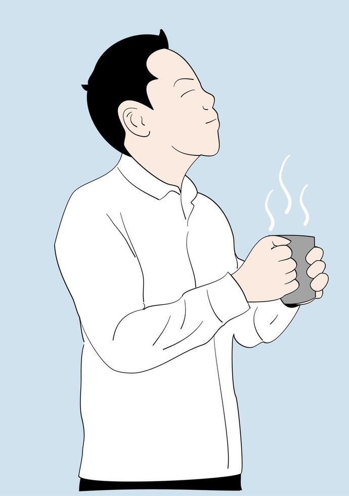 un homme qui est satisfait de l'odeur du café dans une tasse. illustrations de conception de vecteur de style dessinés à la main.