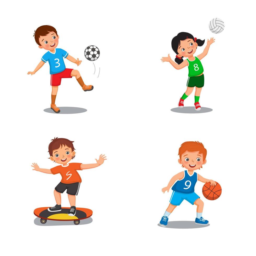 enfants mignons, heureux et actifs, pratiquant diverses activités sportives, comme le football, le basket-ball, le volley-ball et le skateboard. illustration vectorielle d'enfants faisant des exercices physiques sains vecteur