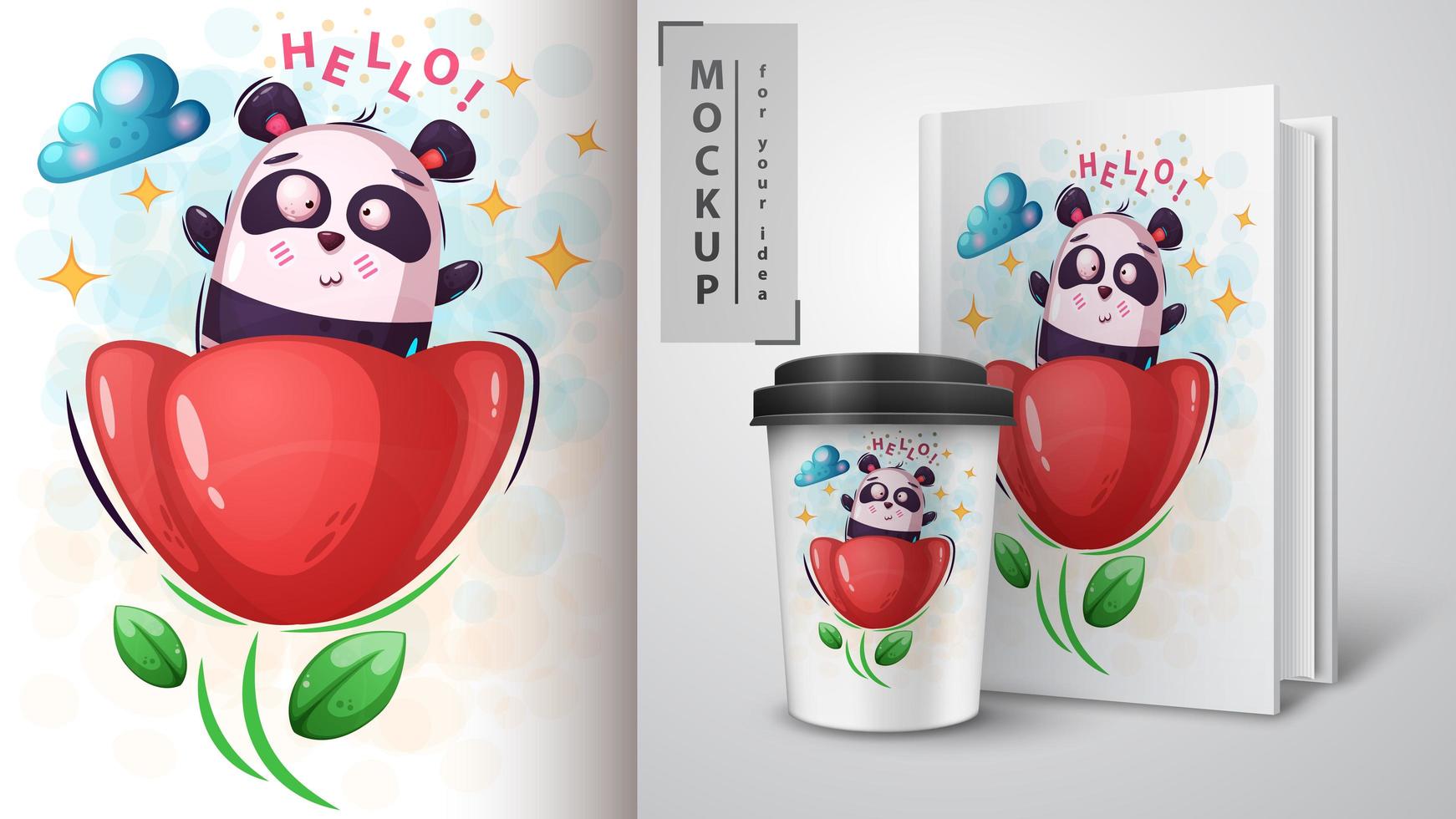 panda en fleur bonjour design vecteur