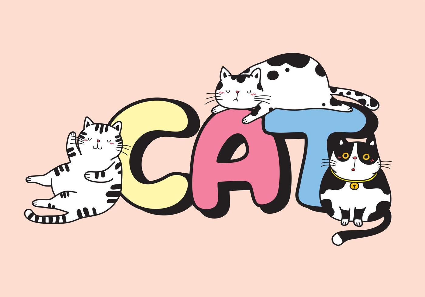 dessin vectoriel de 3 chats dormant sur le mot chat dans des tons pastel.