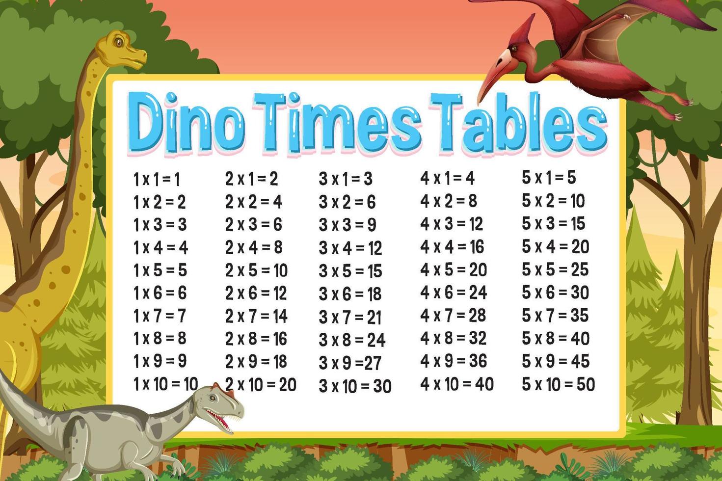 table de multiplication sur le thème des dinosaures vecteur