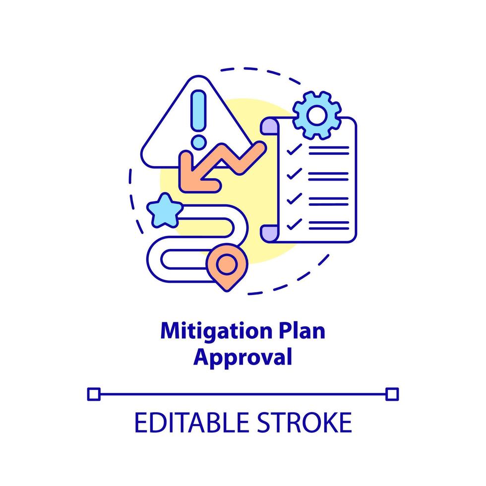 icône de concept d'approbation du plan d'atténuation. stratégie de réduction des menaces idée abstraite illustration en ligne mince. dessin de contour isolé. trait modifiable. roboto-medium, myriade de polices pro-gras utilisées vecteur