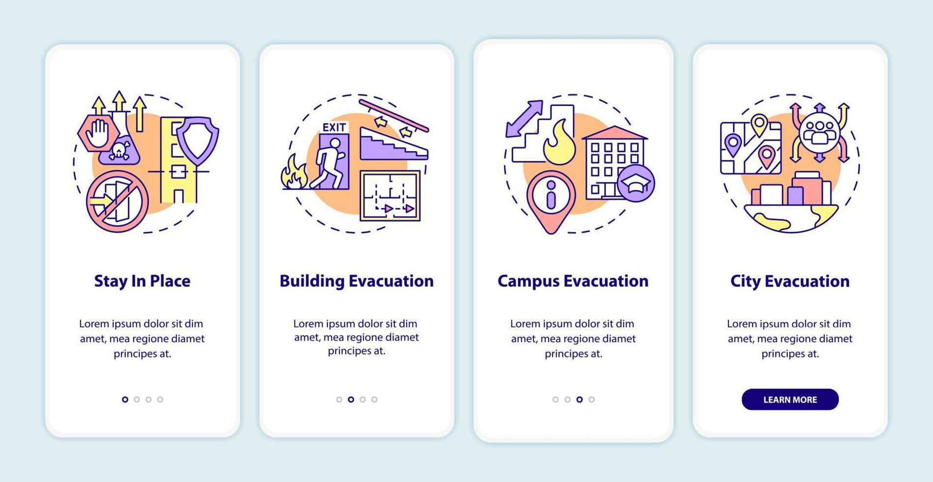 écran d'application mobile d'intégration des types d'évacuation. procédure pas à pas du service d'urgence pages d'instructions graphiques en 4 étapes avec des concepts linéaires. ui, ux, modèle d'interface graphique. une myriade de polices pro-gras régulières utilisées vecteur