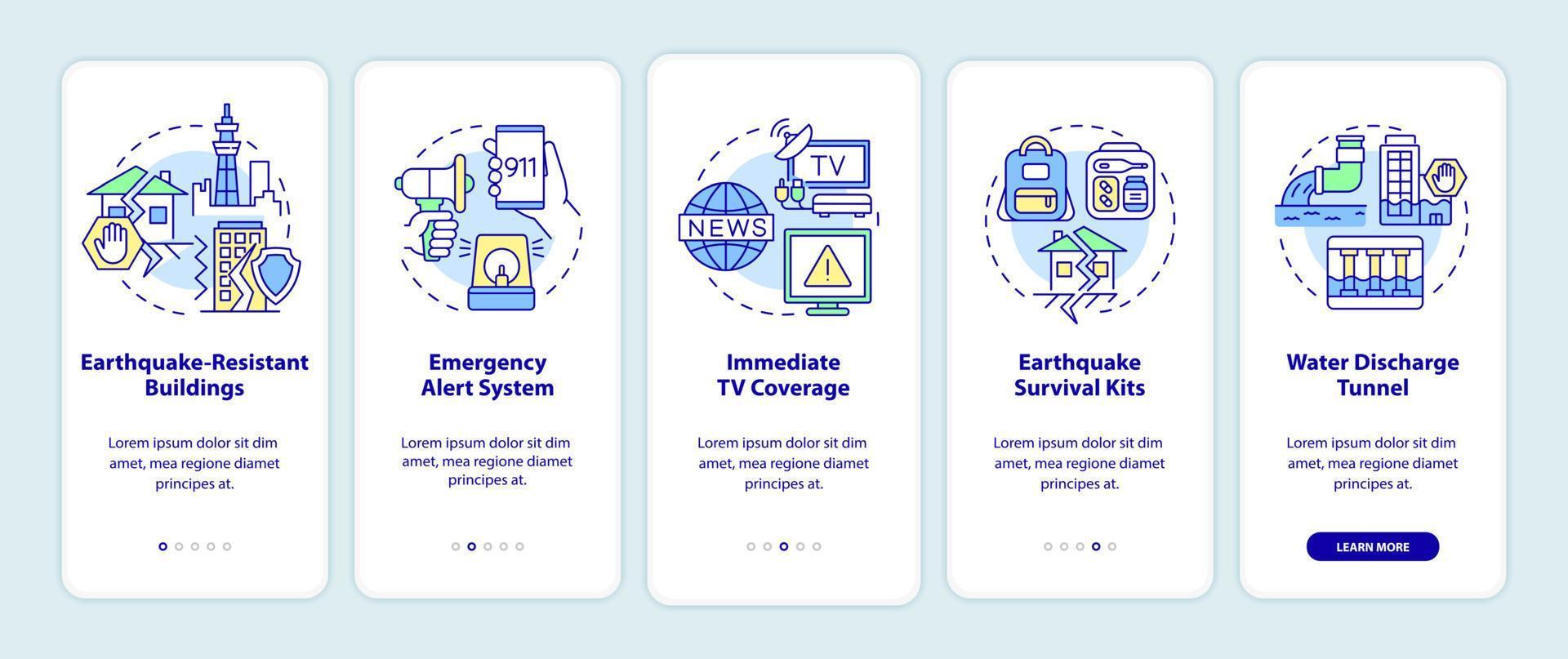 stratégies d'atténuation des tremblements de terre écran d'application mobile d'intégration au japon. pas à pas en 5 étapes pages d'instructions graphiques avec des concepts linéaires. ui, ux, modèle d'interface graphique. une myriade de polices pro-gras régulières utilisées vecteur