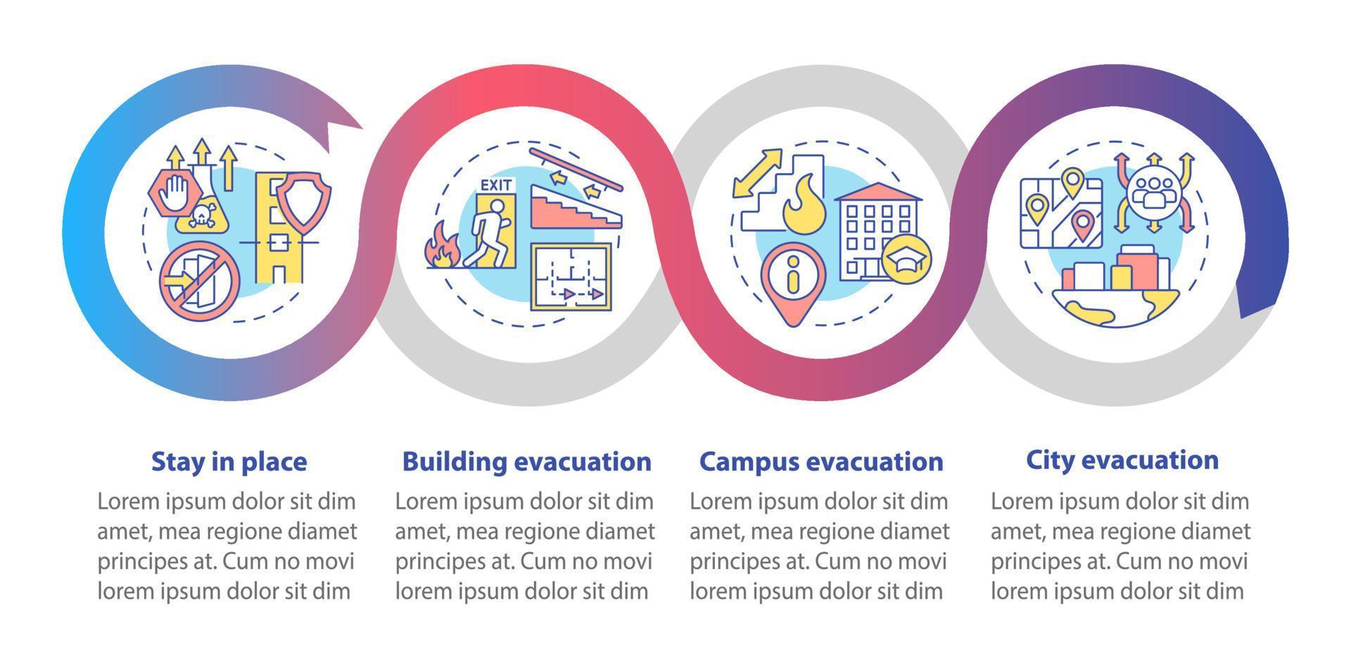 modèle d'infographie de boucle de types d'évacuation. réduire le danger. visualisation des données en 4 étapes. graphique d'informations sur la chronologie du processus. mise en page du flux de travail avec des icônes de ligne. une myriade de polices pro-gras régulières utilisées vecteur