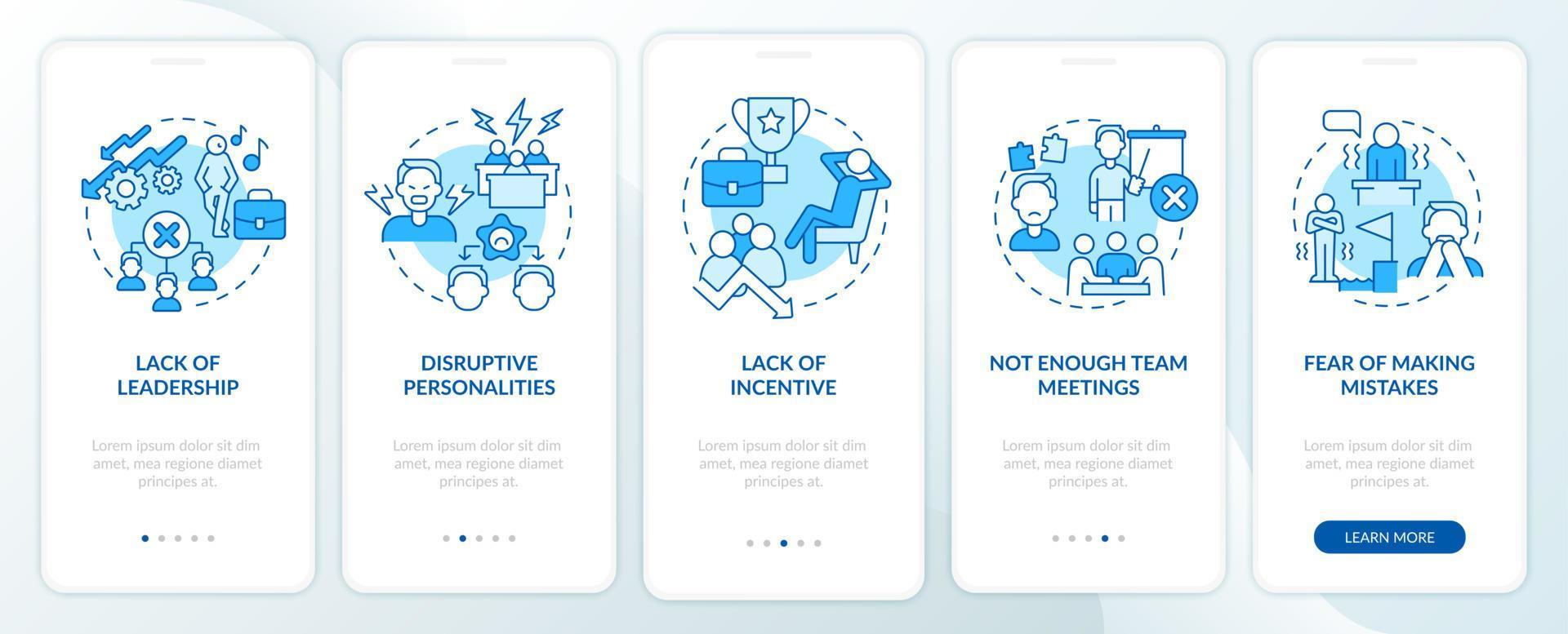 le travail d'équipe échoue pour les raisons de l'écran de l'application mobile d'intégration bleue. émet des pages d'instructions graphiques en 5 étapes avec des concepts linéaires. ui, ux, modèle d'interface graphique. myriade de polices pro-gras régulières utilisées vecteur