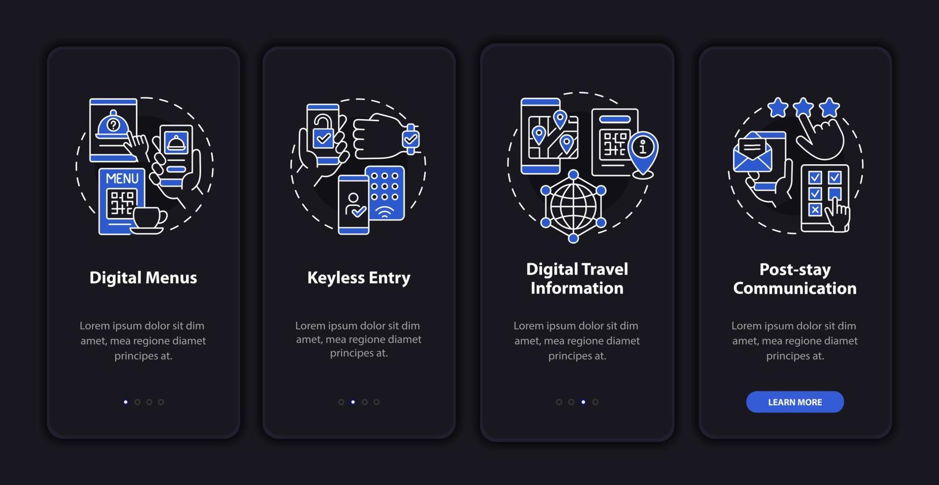 service sans contact pour l'écran de l'application mobile d'intégration en mode nuit de l'hôtel. pas à pas en 4 étapes pages d'instructions graphiques avec des concepts linéaires. ui, ux, modèle d'interface graphique. myriade de polices pro-gras régulières utilisées vecteur