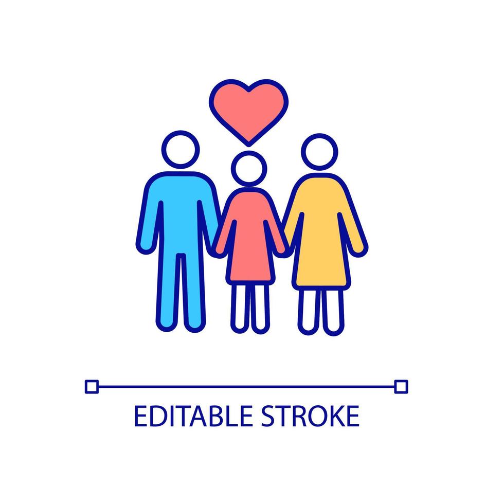 icône de couleur RVB de famille heureuse. relations familiales saines. les parents aiment, soutiennent. la parentalité et la garde des enfants. illustration vectorielle isolée. dessin au trait rempli simple. trait modifiable. police arial utilisée vecteur