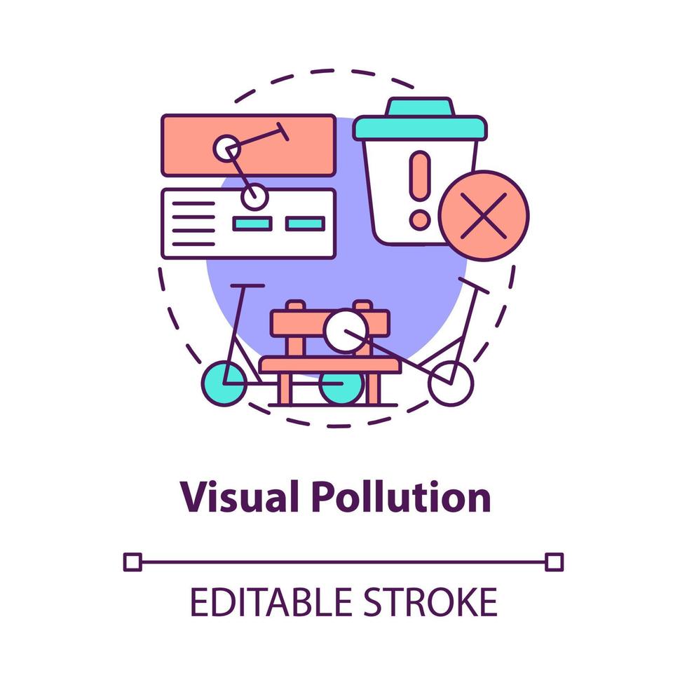 icône de concept de pollution visuelle. problème de partage de scooter idée abstraite illustration de ligne mince. formation irrégulière dans les zones urbaines. encombrement visuel. dessin de couleur de contour isolé de vecteur. trait modifiable vecteur