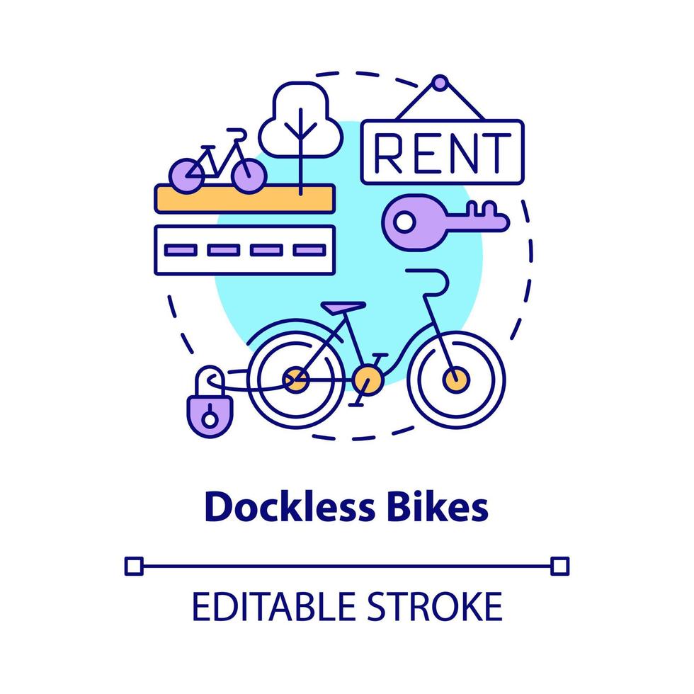 icône de concept de vélos sans quai. illustration de la ligne mince de l'idée abstraite de la catégorie de partage de vélos. absence de station d'accueil. système de vélos en libre-service. dessin de couleur de contour isolé de vecteur. trait modifiable vecteur