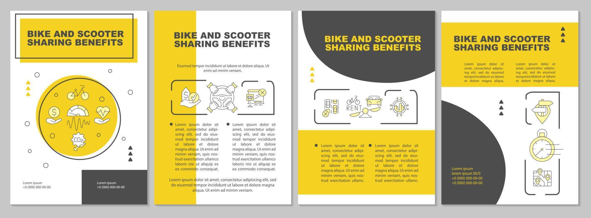 modèle de brochure sur les avantages du partage de vélos et de scooters. abordabilité. dépliant, livret, impression de dépliant, conception de la couverture avec des icônes linéaires. mises en page vectorielles pour la présentation, les rapports annuels, les pages publicitaires vecteur