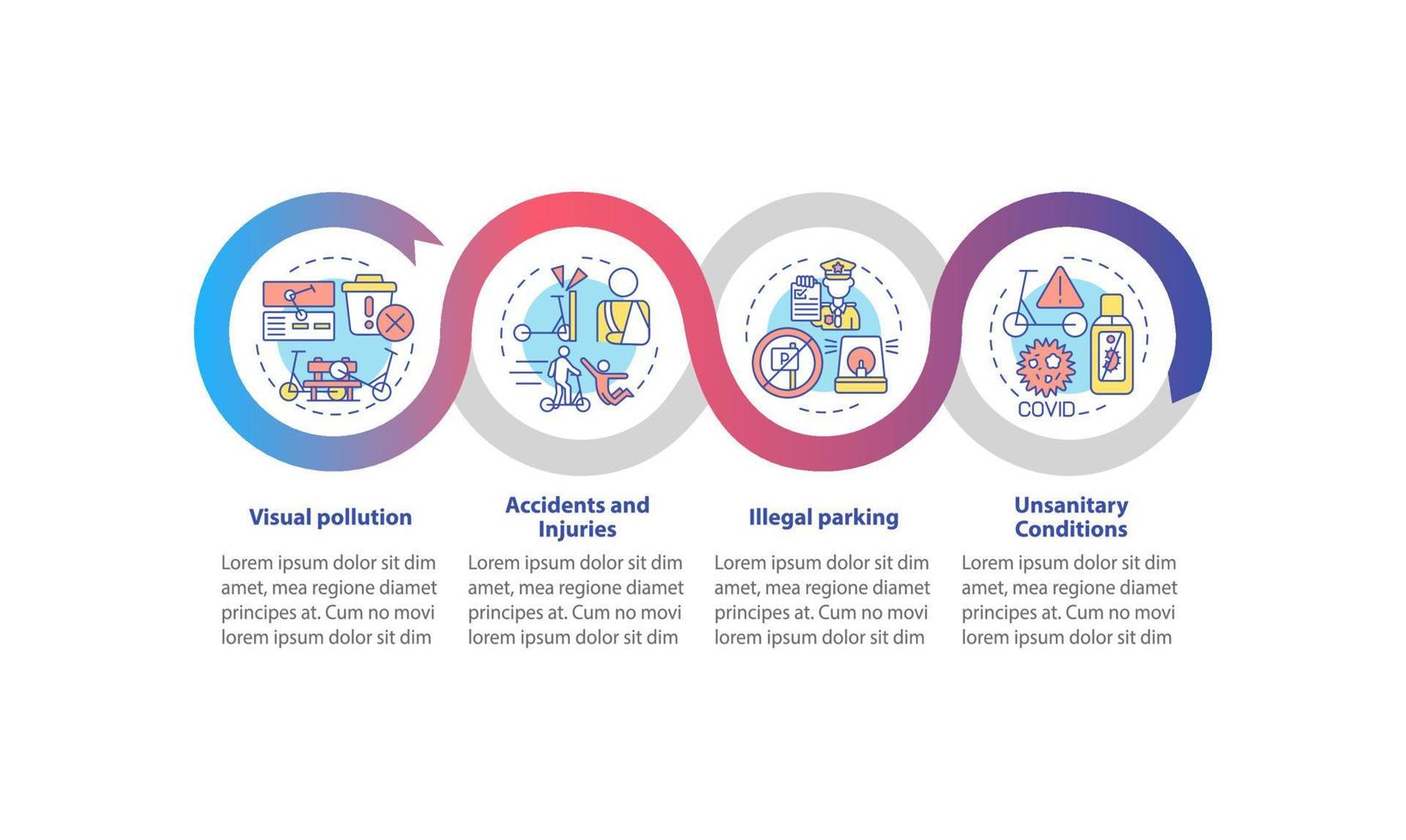 modèle infographique vectoriel de problèmes de scooters électriques. la présentation des accidents décrit les éléments de conception. visualisation des données en 4 étapes. graphique d'informations sur la chronologie du processus. mise en page du flux de travail avec des icônes de ligne