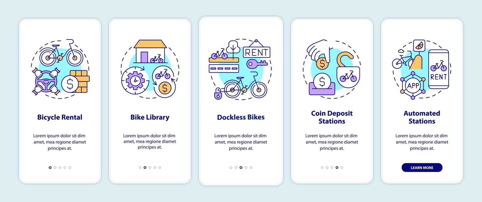 écran de la page de l'application mobile d'intégration des catégories de partage de vélos. Procédure pas à pas de la bibliothèque de vélos Instructions graphiques en 5 étapes avec concepts. modèle vectoriel ui, ux, gui avec illustrations couleur linéaires