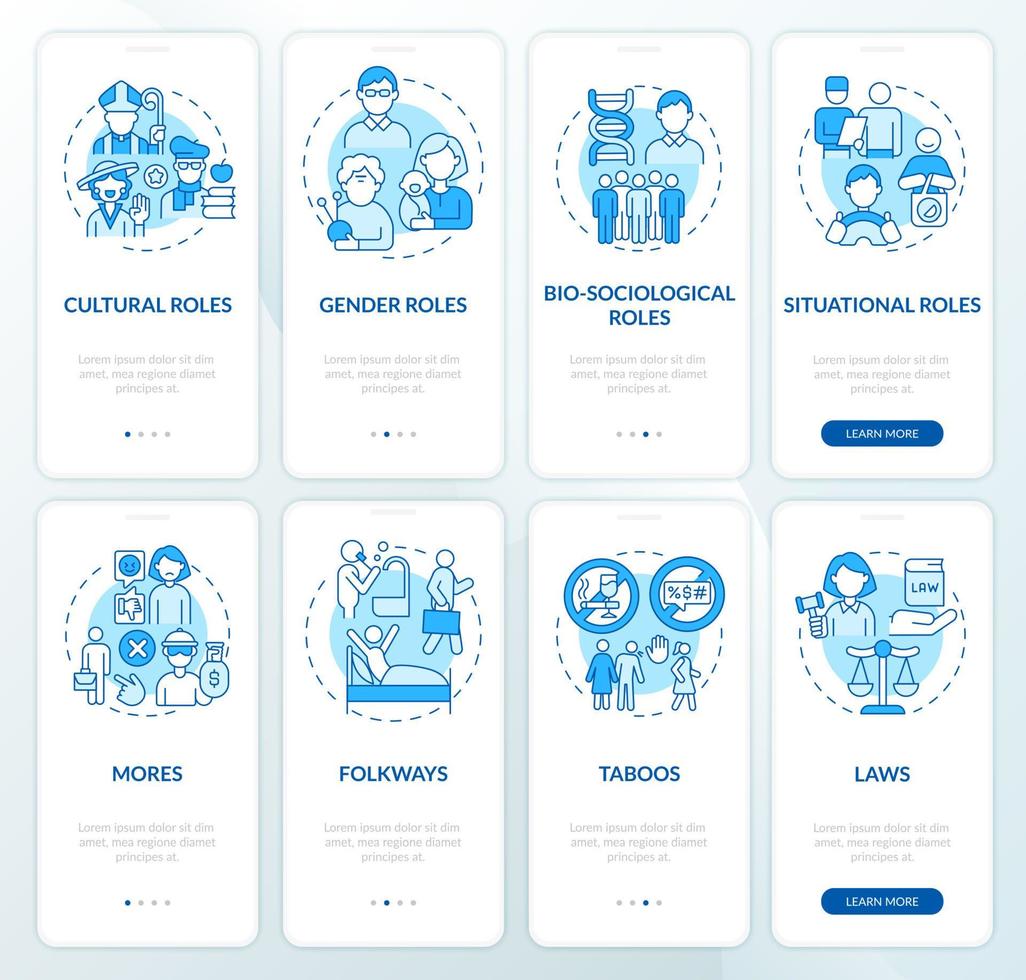 rôles et normes morales ensemble bleu écran de page d'application mobile d'intégration. Procédure pas à pas d'activité sociale Instructions graphiques en 8 étapes avec concepts. modèle vectoriel ui, ux, gui avec illustrations couleur linéaires