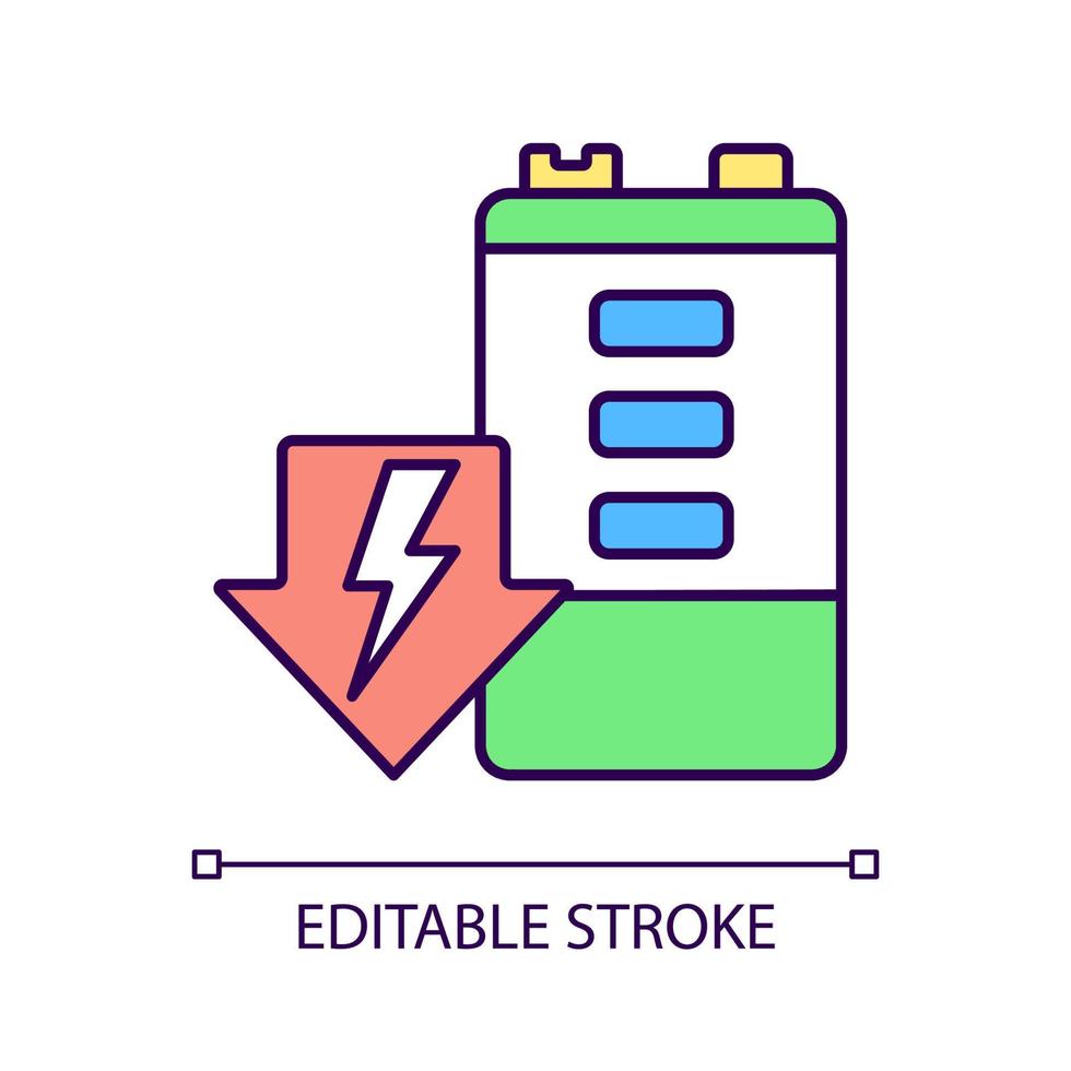 batterie déchargeant l'icône de couleur rvb. auto-décharge. la tension et l'énergie diminuent. vidange de l'énergie de l'accumulateur. détérioration de la durabilité. illustration vectorielle isolée. dessin au trait rempli simple vecteur