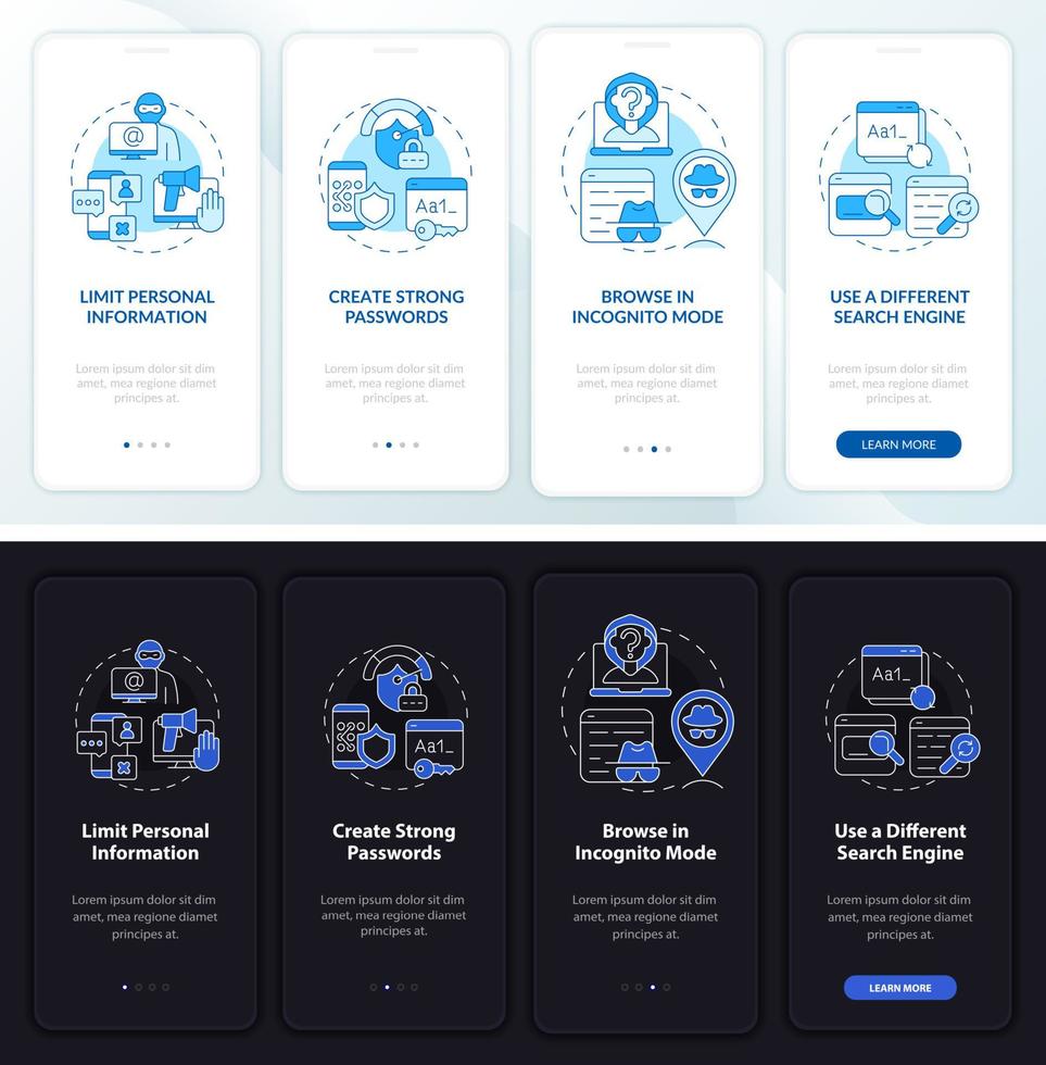 conseils de cybersécurité sur l'écran de la page de l'application mobile d'intégration. procédure pas à pas de protection des données huit quatre instructions graphiques avec des concepts. modèle vectoriel ui, ux, gui avec illustrations linéaires en mode nuit et jour