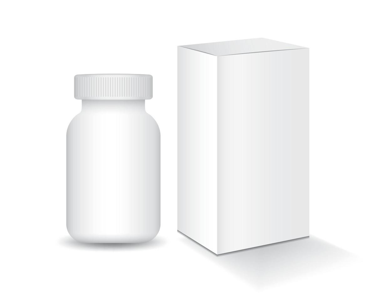 Bouteille de supplément 3d avec illustration vectorielle de maquette de boîte blanche. boîte à pilules en plastique 3d, contenant médical blanc. vecteur