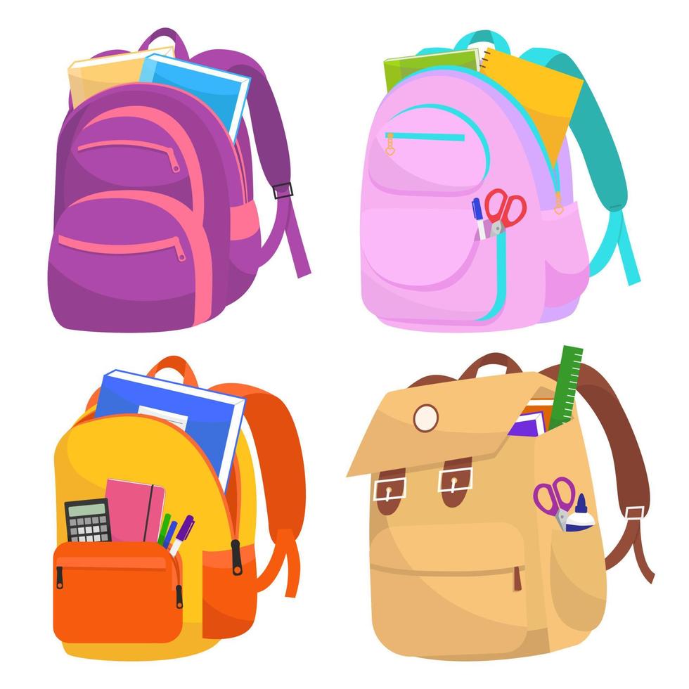 ensemble de quatre sacs à dos d'école colorés. sacs à dos avec fournitures d'étude - stylos, règles, pinceaux, marqueurs, etc. éducation et étude, retour à l'école. illustration vectorielle. vecteur