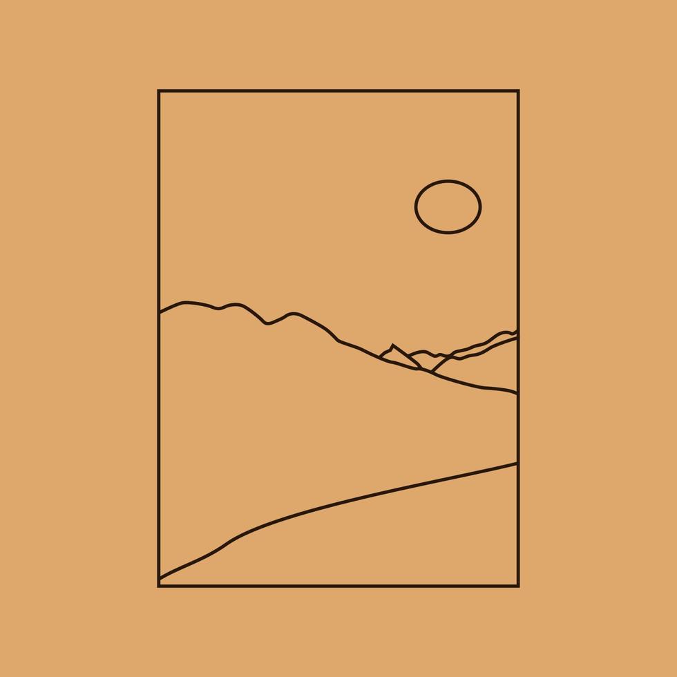 illustration vectorielle simple dans un style linéaire simple, paysage de logo boho minimaliste avec montagne, colline et soleil. vecteur