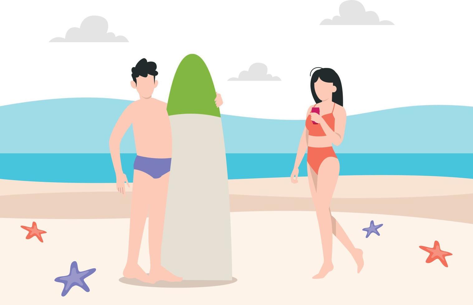 le garçon avec planche de surf et la fille avec une boîte de conserve debout sur la plage. vecteur