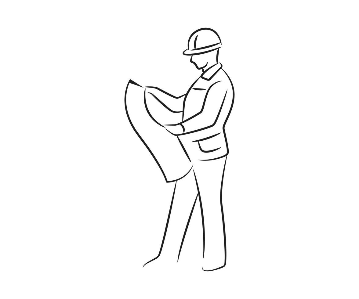 ingénieur dessiné à la main lisant l'illustration de ligne de document brouillon vecteur