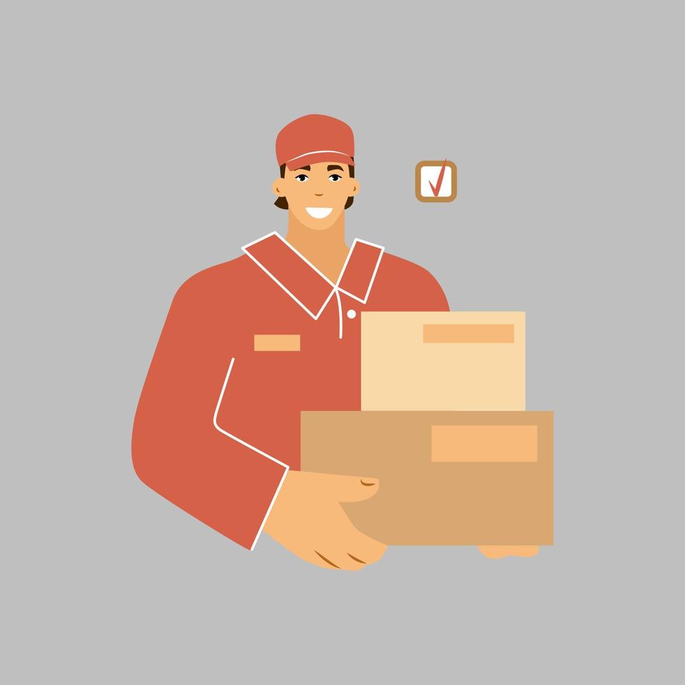 courrier dans des boîtes en uniforme. livraison rapide des marchandises. illustration vectorielle. vecteur