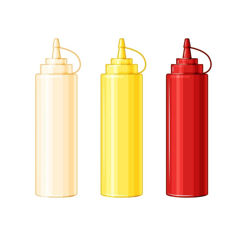 bouteilles en plastique avec mayonnaise, ketchup, moutarde. sauces pour la nourriture sur un fond blanc isolé. illustration vectorielle. vecteur