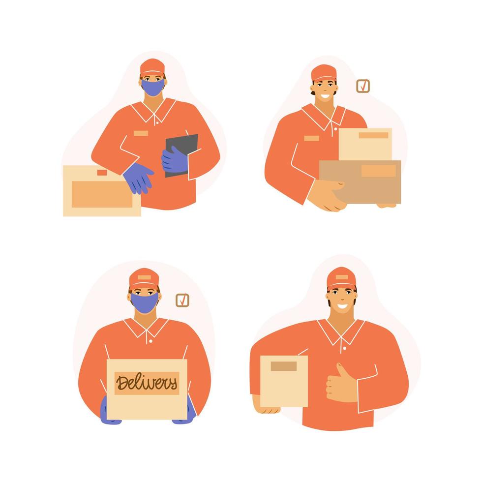 homme de l'ensemble de livraison. courrier masqué et ganté, prévention des coronavirus. livraison de marchandises par facteur. illustration vectorielle. vecteur