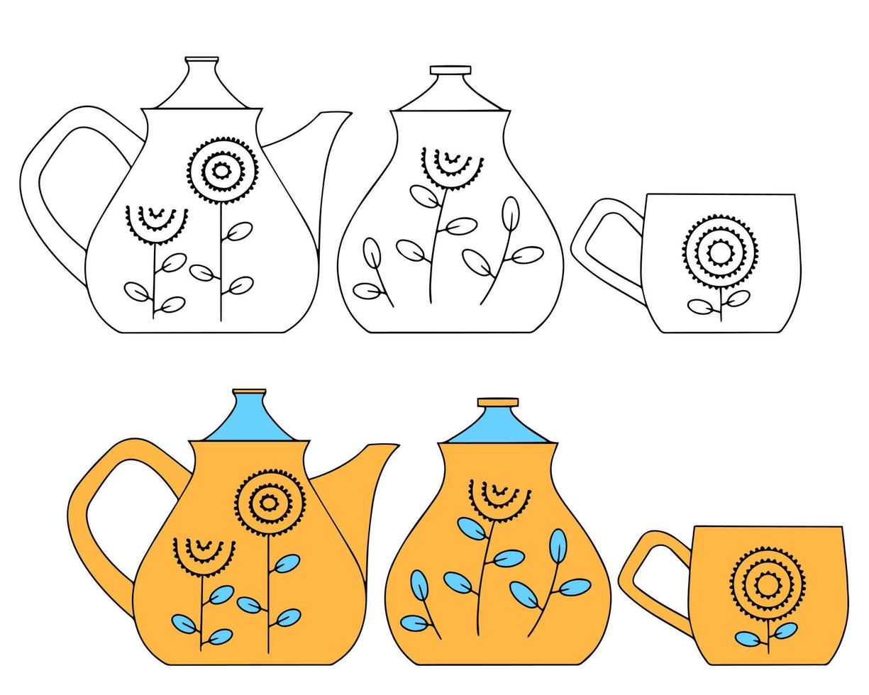 ensemble de vaisselle en céramique théière, sucrier et tasse. dessin en couleur et linéaire vecteur