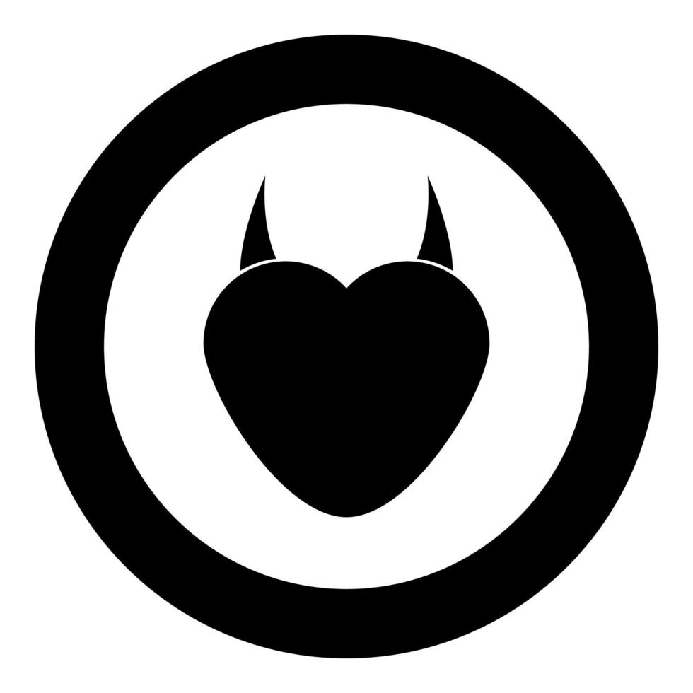 Coeur avec l'icône de la corne du diable couleur noire en cercle vecteur