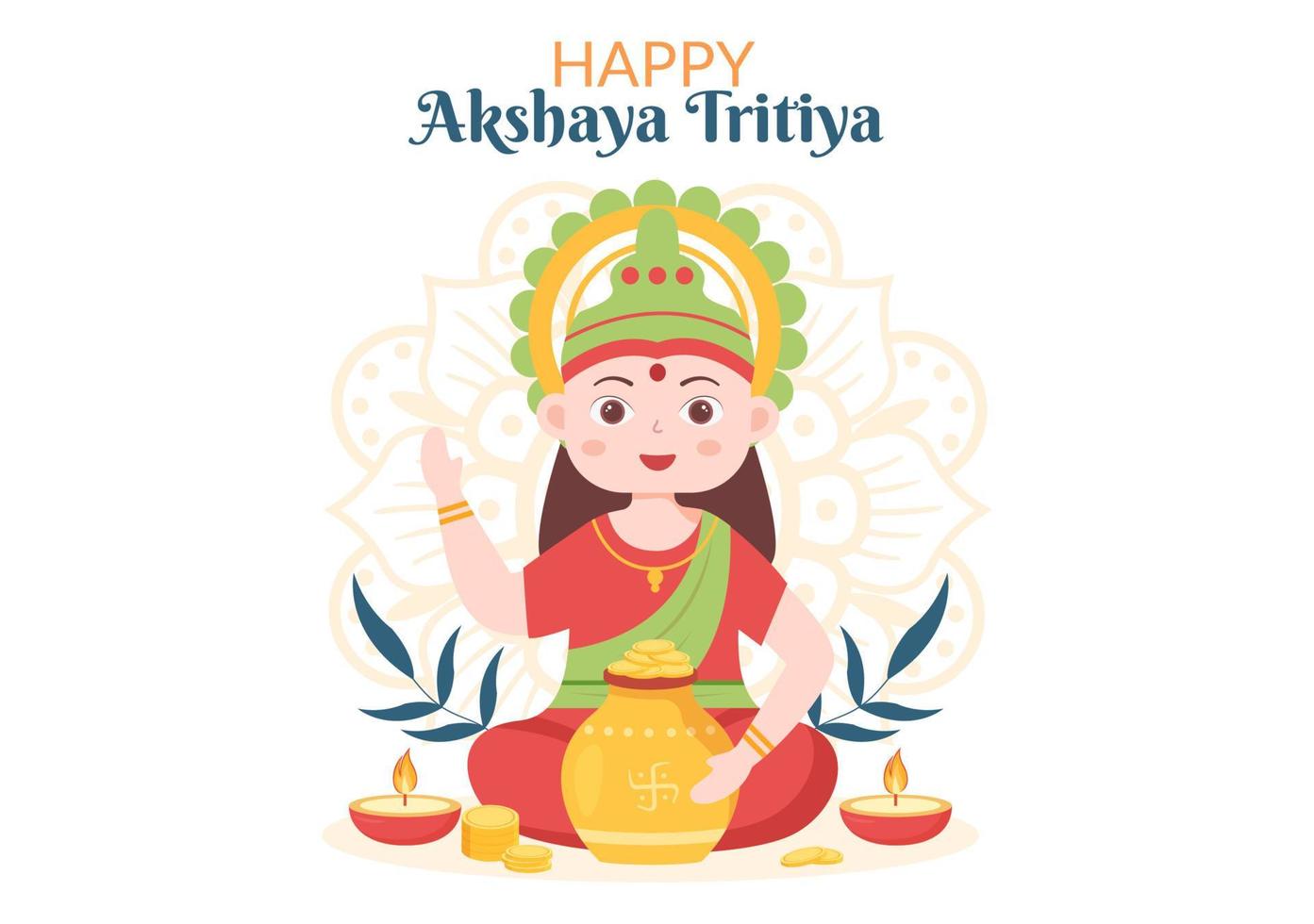 festival akshaya tritiya avec un kalash doré, un pot et des pièces d'or pour la célébration de dhanteras avec maa lakshmi sur indien en illustration de modèle de fond décoré vecteur