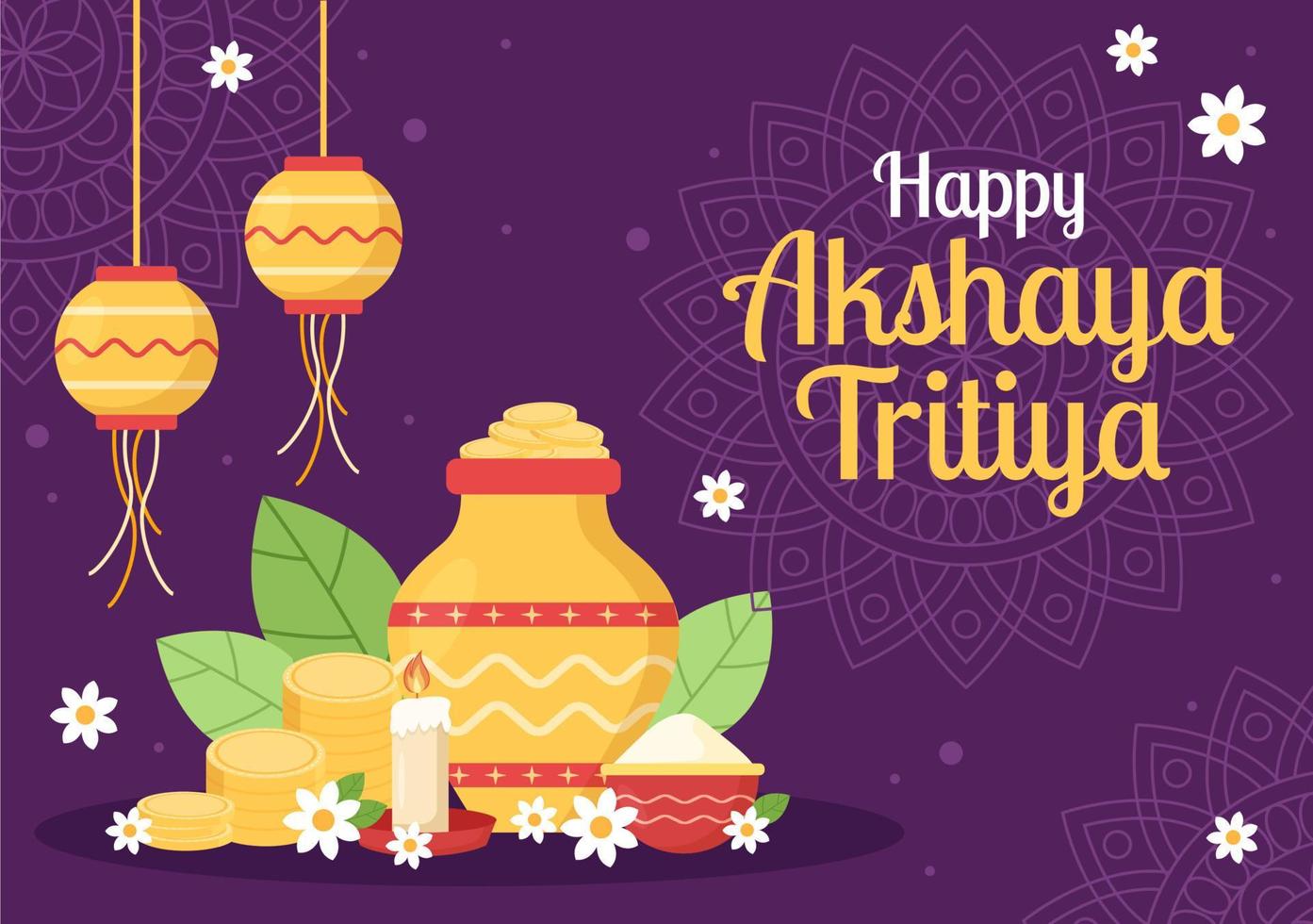 festival akshaya tritiya avec un kalash doré, un pot et des pièces d'or pour la célébration de dhanteras sur indien en illustration de modèle de fond décoré vecteur