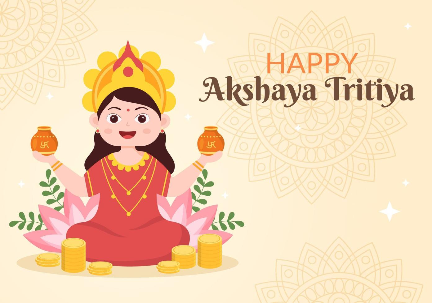 festival akshaya tritiya avec un kalash doré, un pot et des pièces d'or pour la célébration de dhanteras avec maa lakshmi sur indien en illustration de modèle de fond décoré vecteur